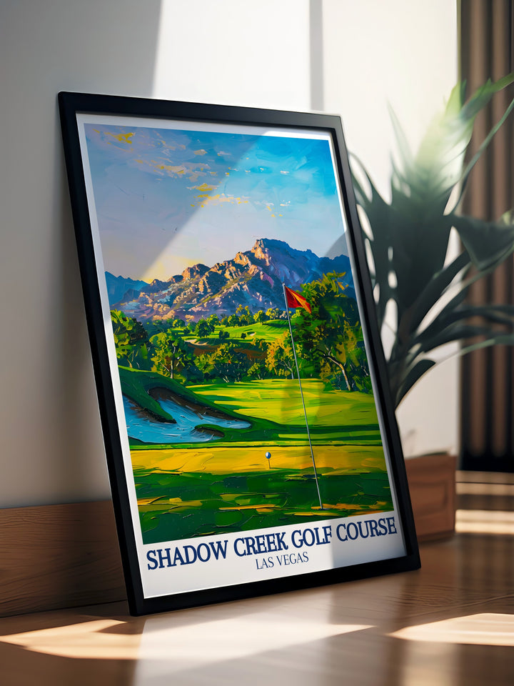 Shadow Creek Golf Course framed art brings the natural tranquility of Nevadas desert into your space. The detailed poster print showcases the courses lush greens alongside the rugged terrain of Clark County, creating a serene and elegant golf themed wall art piece.