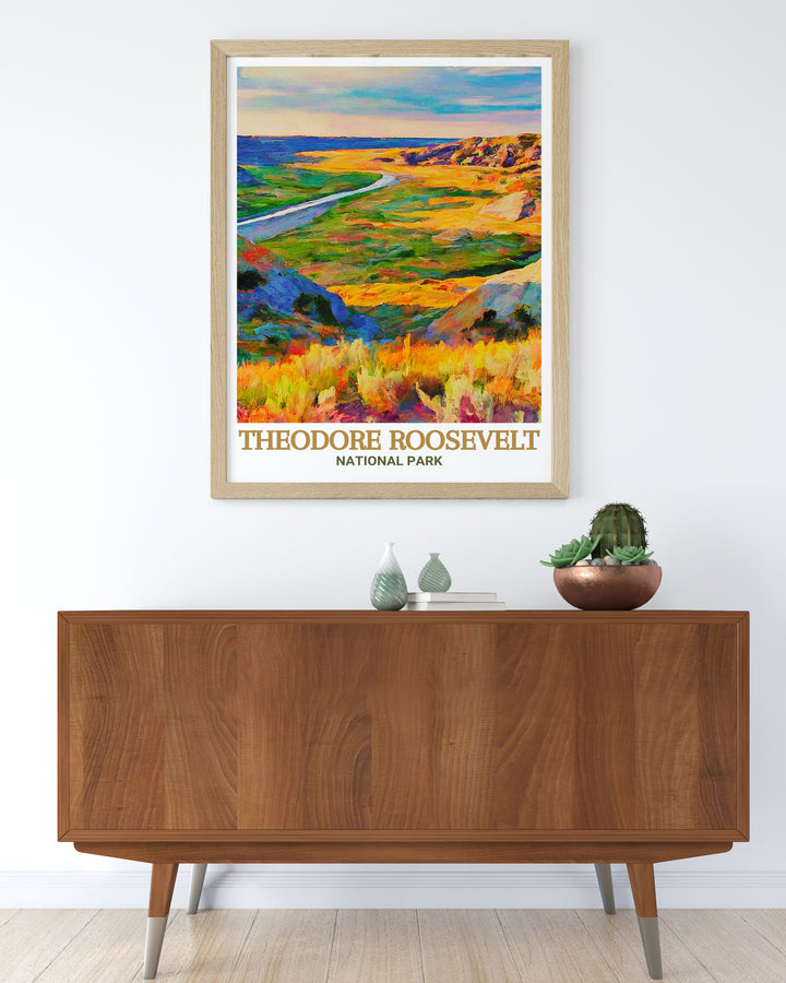 Roosevelt print featuring Wind Canyon Trail showcases the breathtaking landscapes of Theodore Roosevelt National Park a perfect piece of art for anyone who loves National Park Travel and wants to bring a touch of nature into their living space.