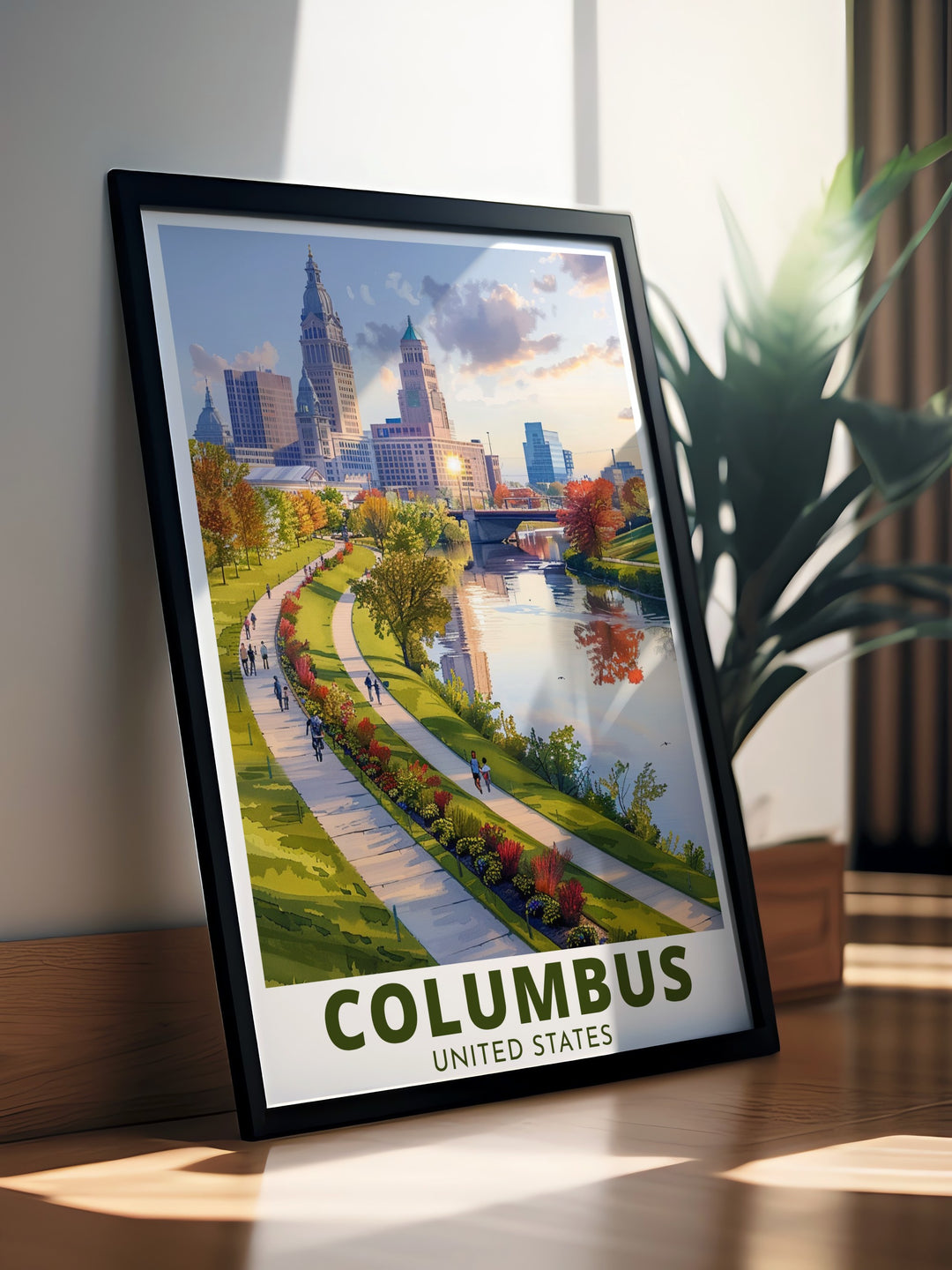 Scioto Mile modern print showcasing the beauty of the Columbus skyline. This travel poster is a minimalist piece of art perfect for living rooms offices or as a thoughtful gift. Its clean design captures the essence of Columbus as a stylish decor option.