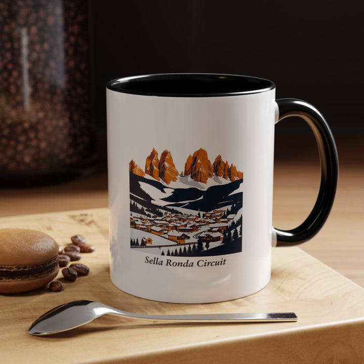 This Sella Ronda Circuit mug features vibrant artwork showcasing the beauty of the Dolomites ski route. Ideal for your daily coffee, it is dishwasher and microwave safe, offering both practicality and artistic charm for skiing enthusiasts.