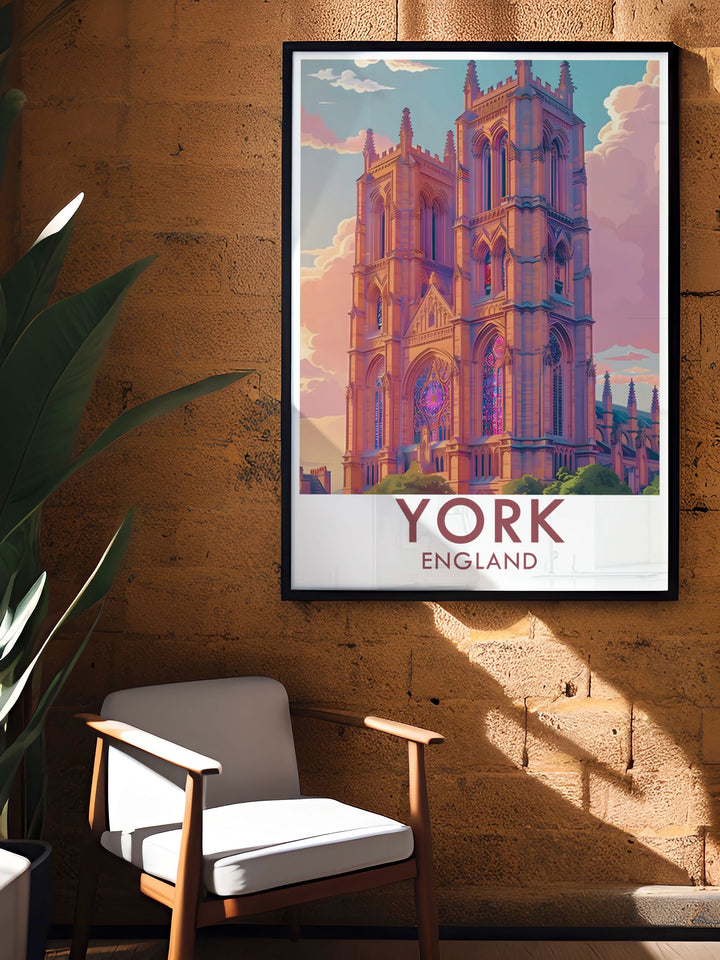 This York poster print beautifully captures the stunning York Minster, showcasing its impressive Gothic architecture and intricate details. Perfect for art lovers, this artwork brings the historical grandeur of York into any space.