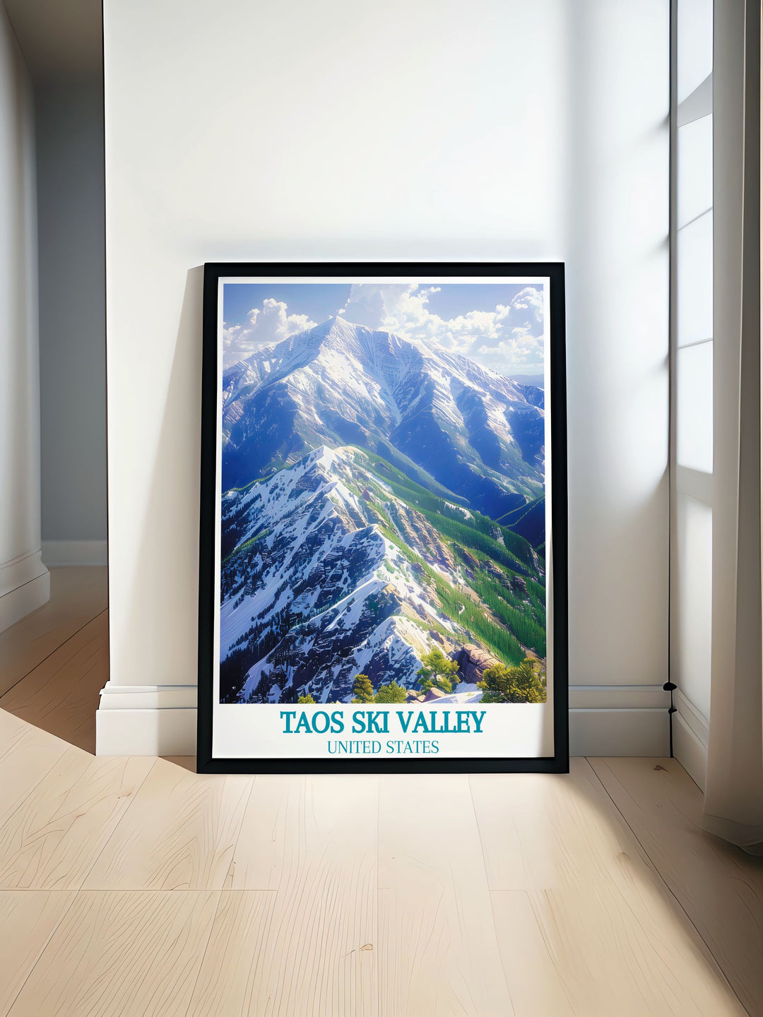 Immerse yourself in the adventurous spirit of Taos with this travel poster, highlighting the iconic Kachina Peak and the surrounding alpine beauty.