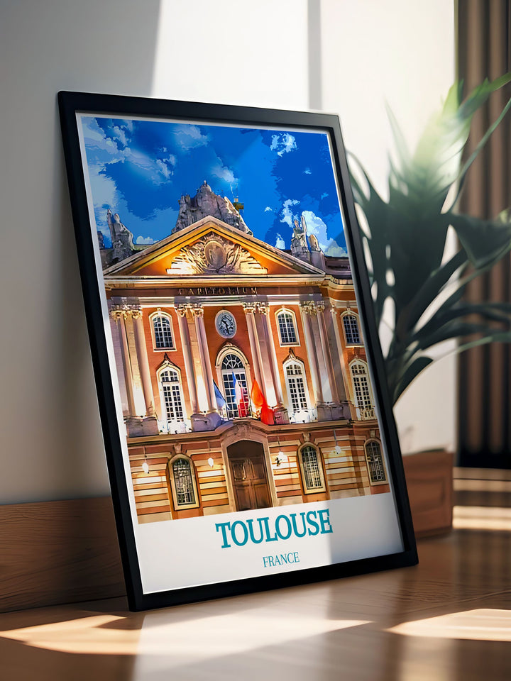 Experience the elegance of French architecture with this stunning travel poster of Capitole de Toulouse, perfect for art and history lovers.