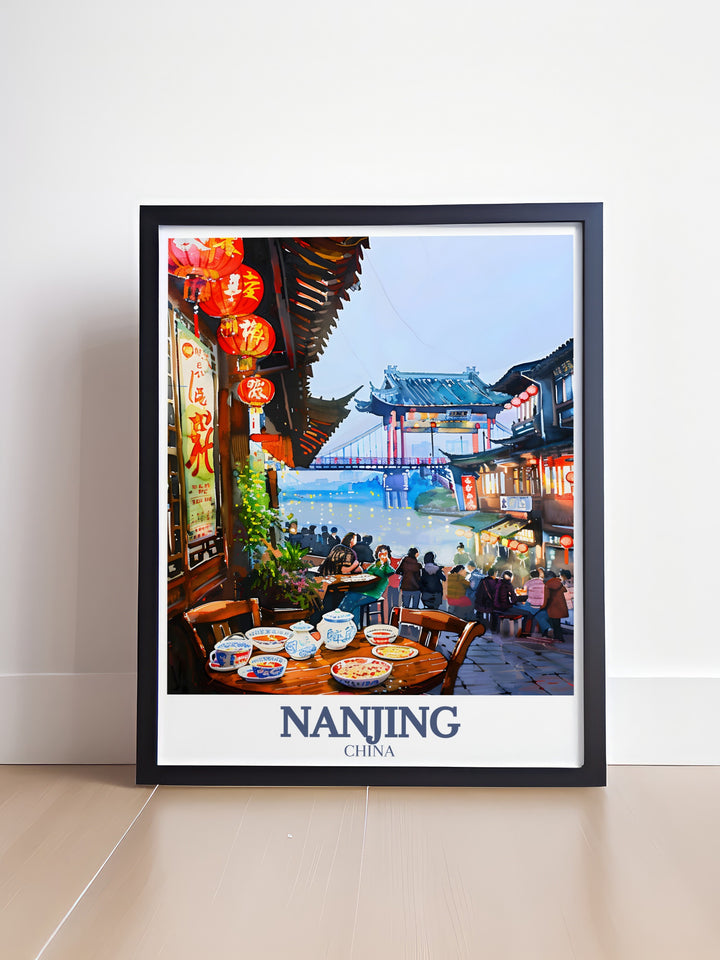 Capture the essence of Nanjings cultural history with this Fuzimiao District Wall Art. The artwork depicts the flowing Yangtze River alongside Nanjings iconic architecture, creating a balance of natural beauty and man made wonders. This print is a perfect gift for travelers or anyone passionate about Asian history.