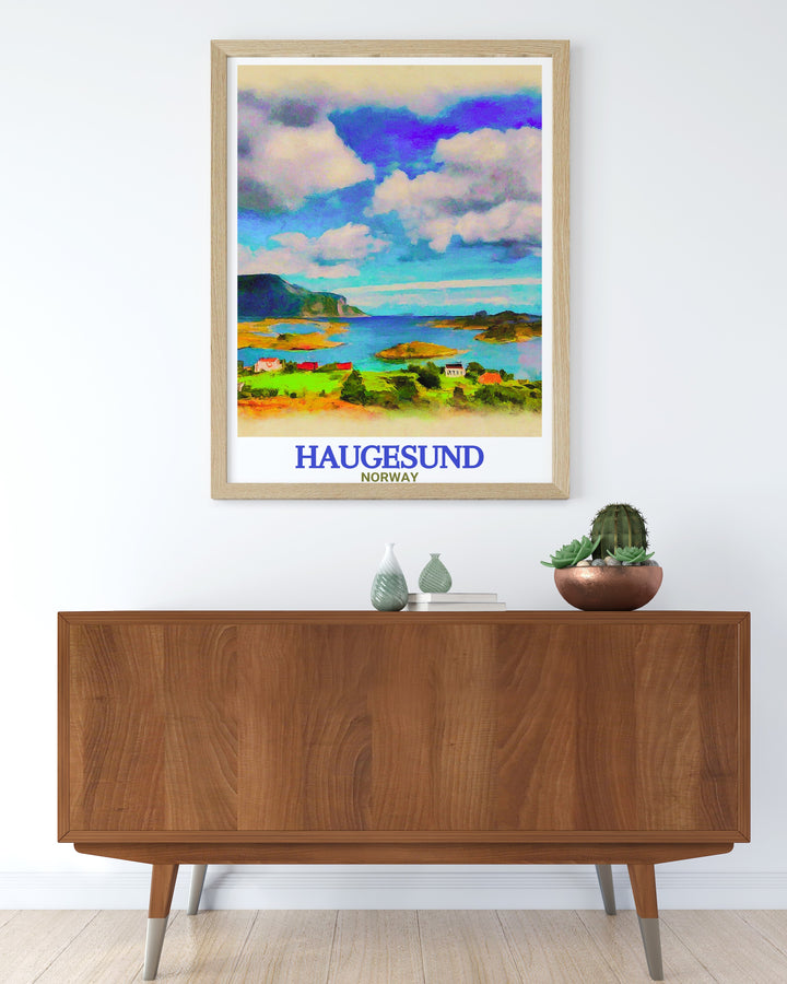 This framed art print highlights the beauty of Haugesund and the nearby Røvær Island, showcasing the regions rich Viking history and the stunning North Sea coastline in vibrant detail.