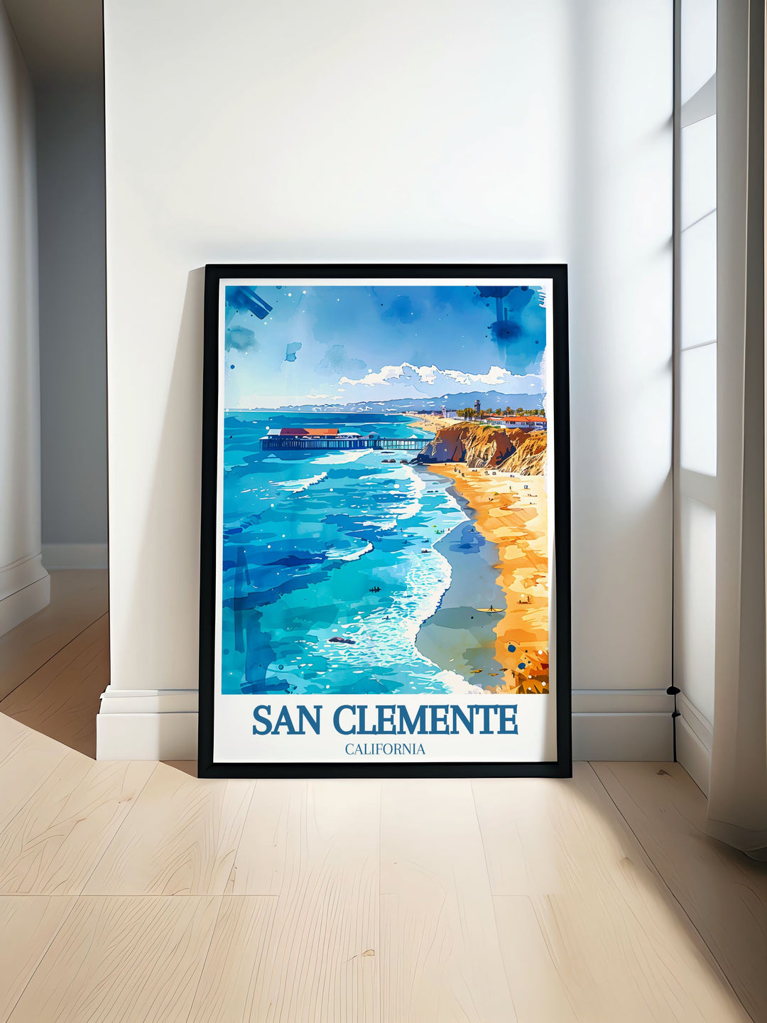 San Clemente Print showcasing a vibrant and colorful depiction of the city with a focus on the Railfanning train San Clemente pier. This fine line print is perfect for wall art and home decor ideal for gifts and special occasions.