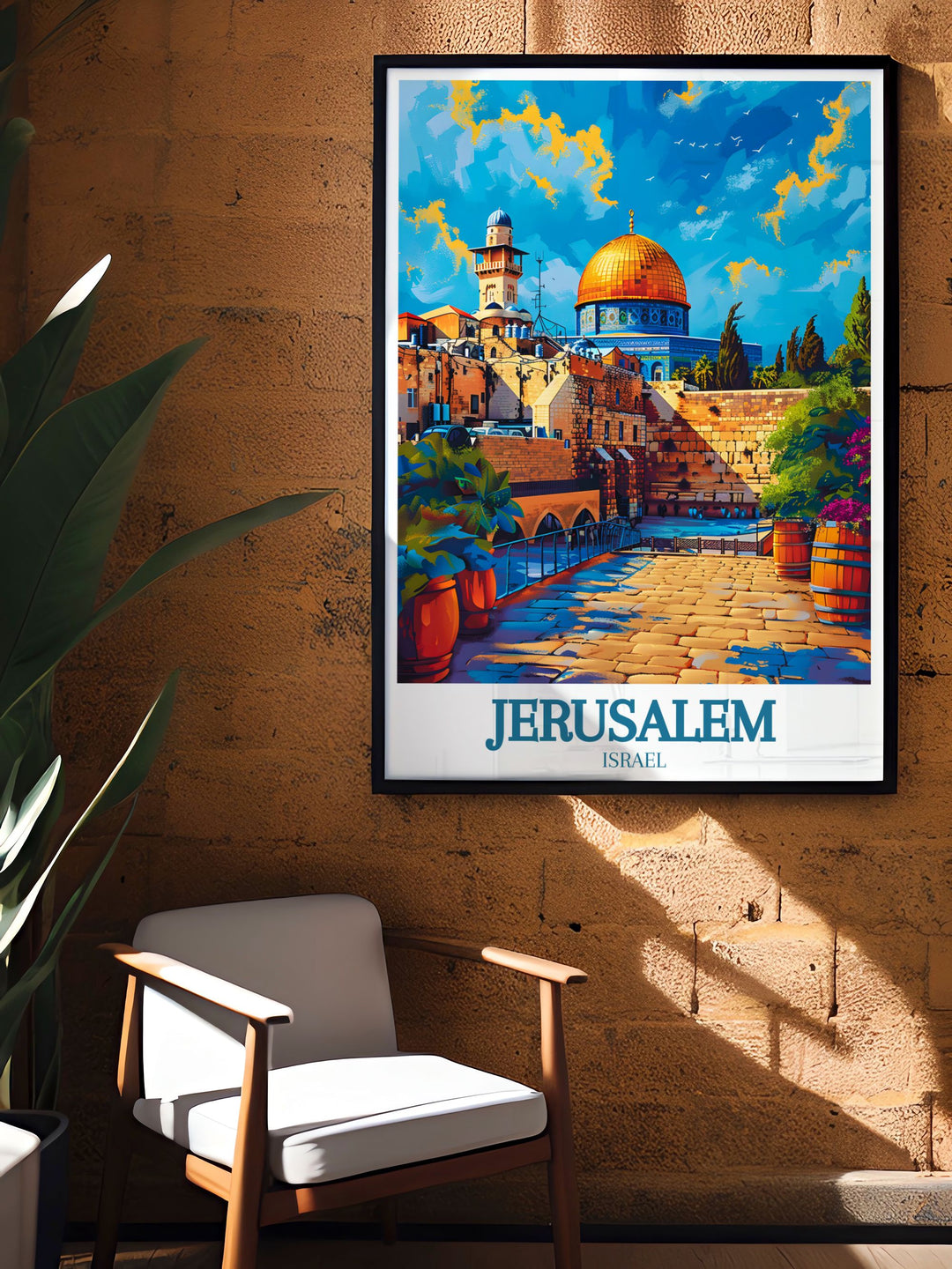 This art print features the sacred Western Wall, capturing its ancient architecture and spiritual significance. Ideal for those who love serene settings and historical landmarks, this poster brings the charm of Jerusalem into your decor.