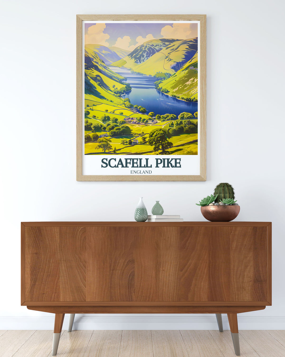 Lake District travel print featuring Scafell Pike and Derwentwater perfect for hikers and nature lovers who want to bring the beauty of Englands iconic landscapes into their home with this stylish mountain wall art.