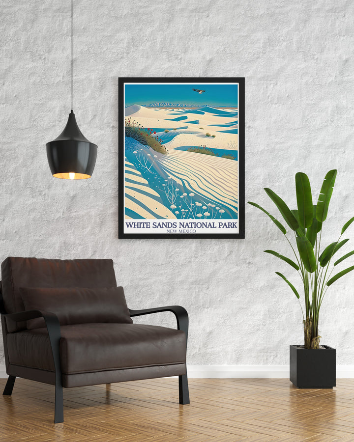 White Sands National Park print featuring the impressive Sacramento Mountains and the vast Chihuahuan Desert perfect for travel lovers and those seeking unique modern art decor for their living space a stunning piece of wall art.