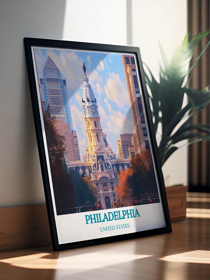 Revel in the historical and architectural splendor of Philadelphia City Hall with this travel poster, showcasing the grandeur of the worlds tallest masonry building.