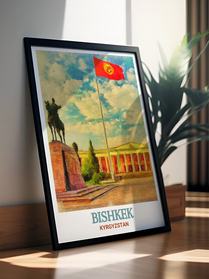 Ala Too Square Wall Poster brings to life the energy and history of Bishkek, showcasing its cityscape and mountain backdrop. This travel print is perfect for those looking to celebrate Kyrgyzstans cultural and natural landmarks.