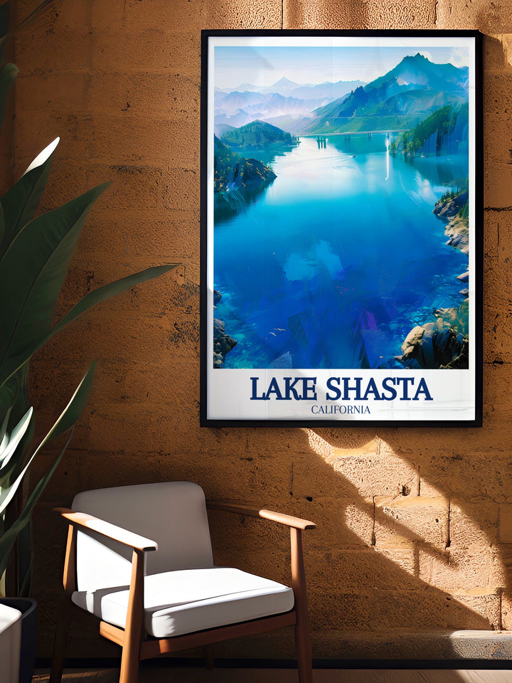 A vibrant Lake Shasta travel poster featuring the calm waters of the reservoir with reflections of surrounding pine covered mountains. This artwork is perfect for those who enjoy Californias outdoor scenery and want to add a natural touch to their home decor.