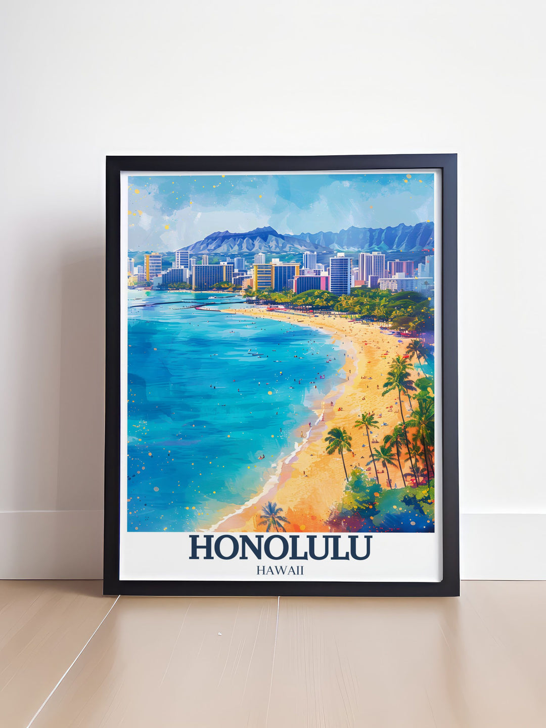 Our Hawaii travel print captures the essence of Honolulu with Waikiki Beach, Diamond Head, and Aloha Tower featured prominently. This stunning artwork is perfect for those seeking to bring a touch of Hawaiian charm into their living space.