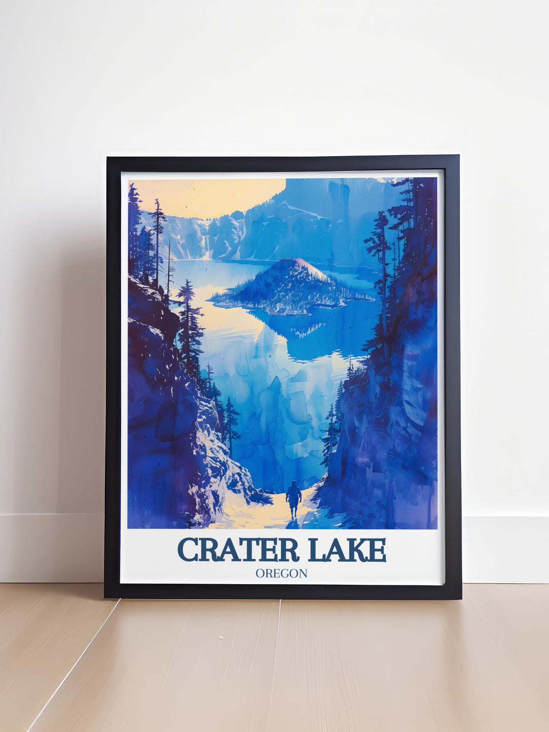 This Crater Lake travel print showcases the iconic sights of Mount Scott and Wizard Island, making it the perfect addition to your wall décor. Celebrate the wonders of nature with this beautiful artwork, ideal for any room in your home.