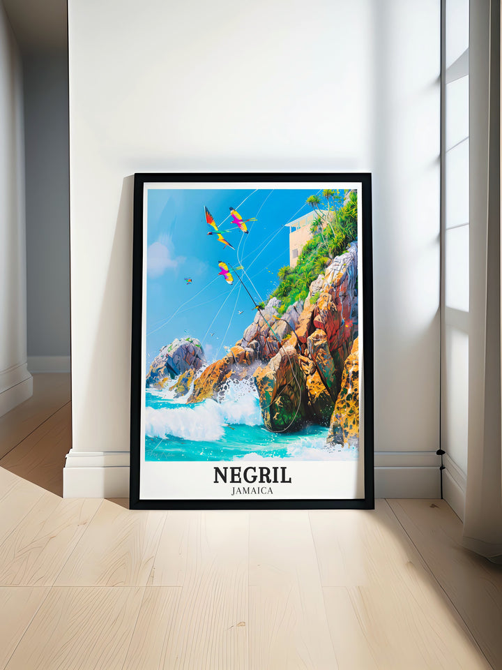 Negril and Caribbean Sea art deco travel posters showcasing vibrant landscapes and serene waters of Jamaica. These framed travel posters are ideal for adding a touch of coastal elegance to your wall decor. Experience the charm of Negril through our beautifully crafted art deco travel posters.