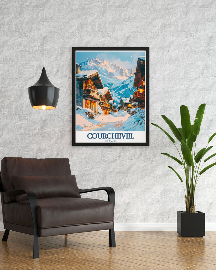 Highlighting the serene vistas of the French Alps and the vibrant atmosphere of Courchevel 1850, this travel poster is perfect for those who appreciate the scenic and luxurious richness of France.