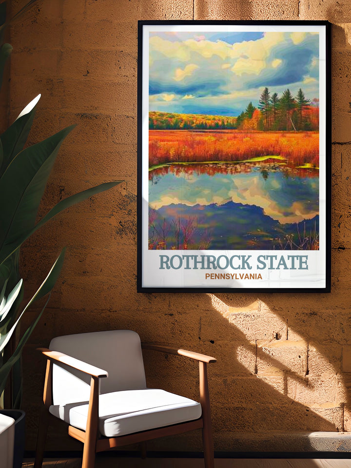 This Rothrock State Forest travel print features Bear Meadows Natural Area, showcasing the peaceful forest trails and lush greenery of Pennsylvanias outdoor wonder. Ideal for nature lovers and those who love to explore.