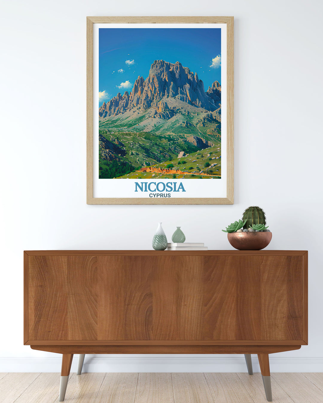 A stunning Nicosia poster print that combines the citys vibrant streets with the peaceful Pentadaktylos Mountains. This wall art is a great way to add a piece of Cyprus to your home decor, offering a blend of architectural and natural beauty in one striking piece.