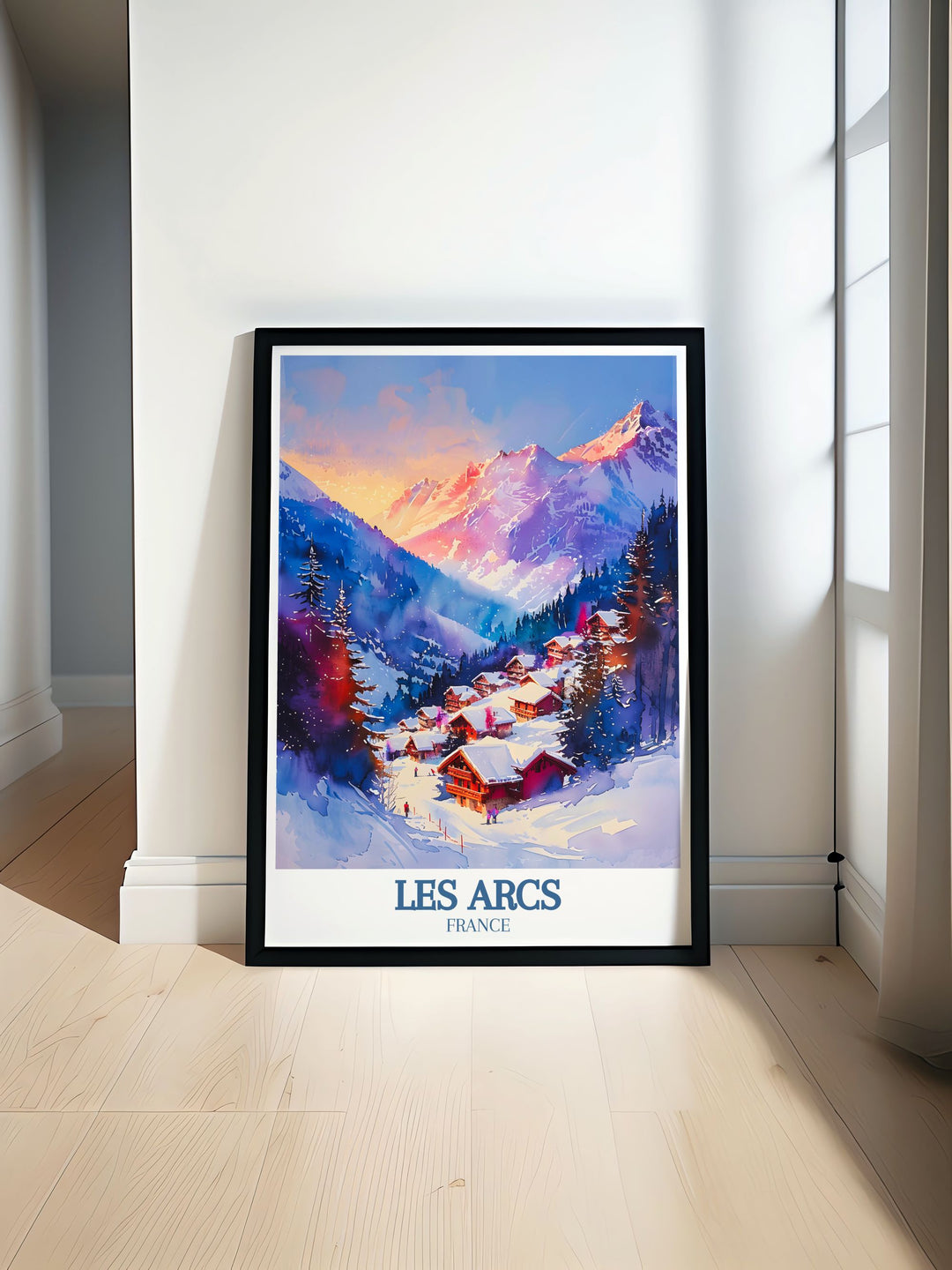 Aiguille Rouge Mont Blanc ski poster featuring the beautiful Les Arcs in France perfect for adding a touch of elegance to your home decor and celebrating the adventure of skiing and snowboarding