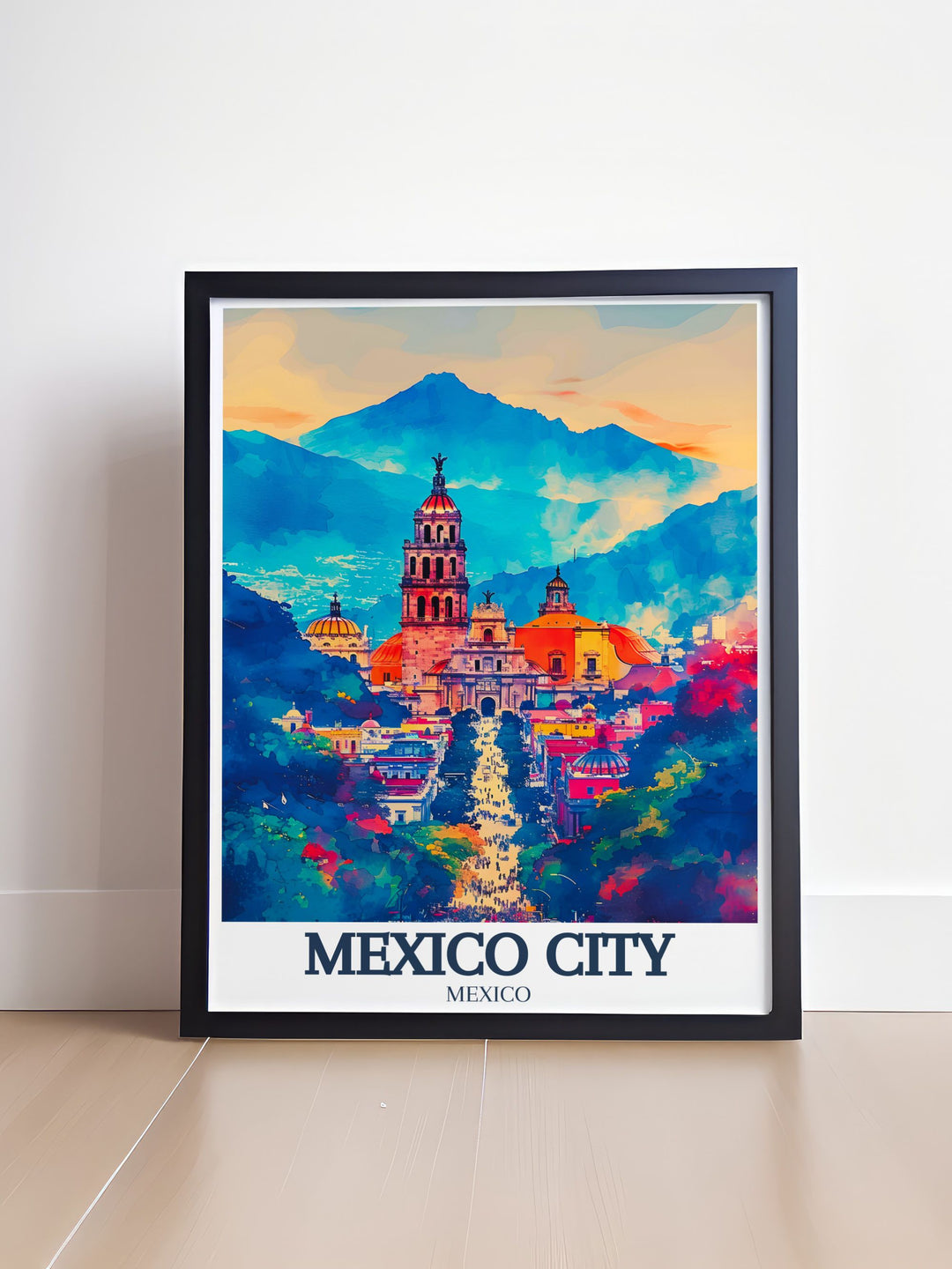 Beautiful Mexico City wall art showcasing Metropolitan cathedral Zocalo Chapultepec castle. This detailed print highlights the architectural splendor and cultural significance of these iconic landmarks making it an ideal addition to any space.