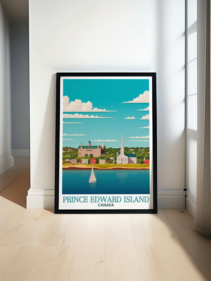 A beautiful sunset over Charlottetown showcasing vibrant colors and tranquil scenery perfect for a modern art print or housewarming gift highlighting the natural beauty and charm of Prince Edward Island ideal for elegant home decor and stunning wall art.