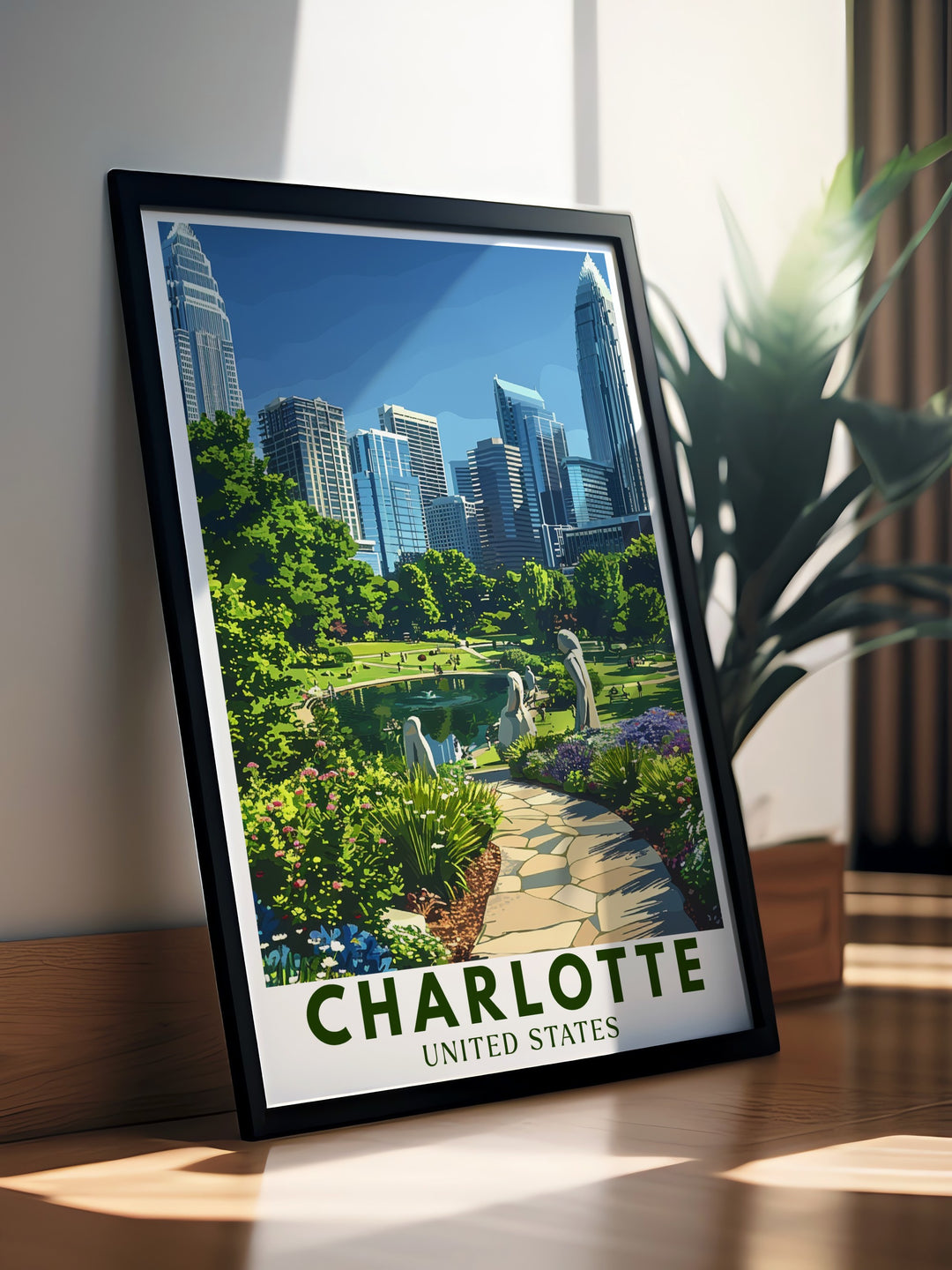 This Charlotte wall print showcases the lush greenery of Romare Bearden Park alongside the iconic Bank of America Corporate Center. Perfect for cityscape lovers, this fine line art print brings the beauty of Charlotte into any room. Its clean design and bold colors make it a great gift or decor piece for those who appreciate the Queen Citys mix of urban and natural beauty.