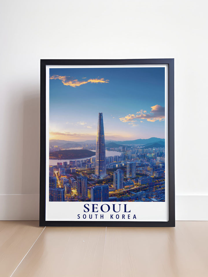 Bring the stunning Lotte World Tower into your home with this Seoul Travel Print. The towering structure, set against the dynamic Seoul skyline, creates a visual masterpiece thats perfect for travelers and fans of modern design. This print is sure to elevate any room.