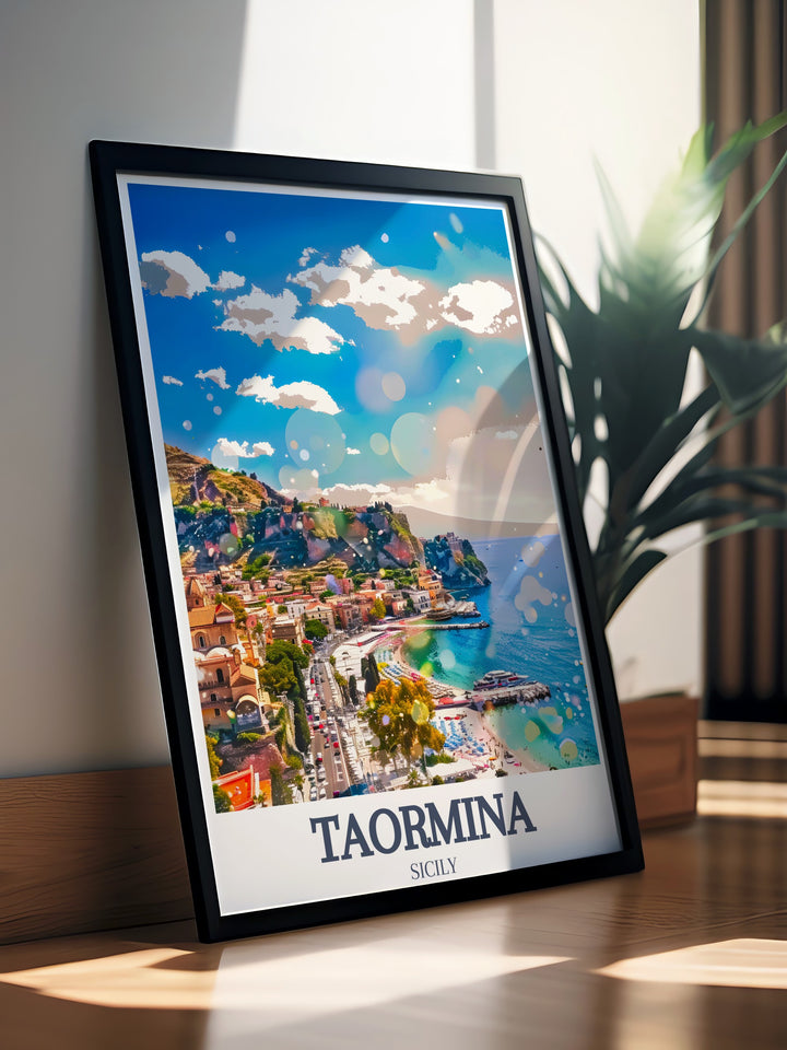 Taormina Beach and Isola Bella art print. This Italy poster highlights the stunning landscapes of Taorminas famous beach and the enchanting Isola Bella.