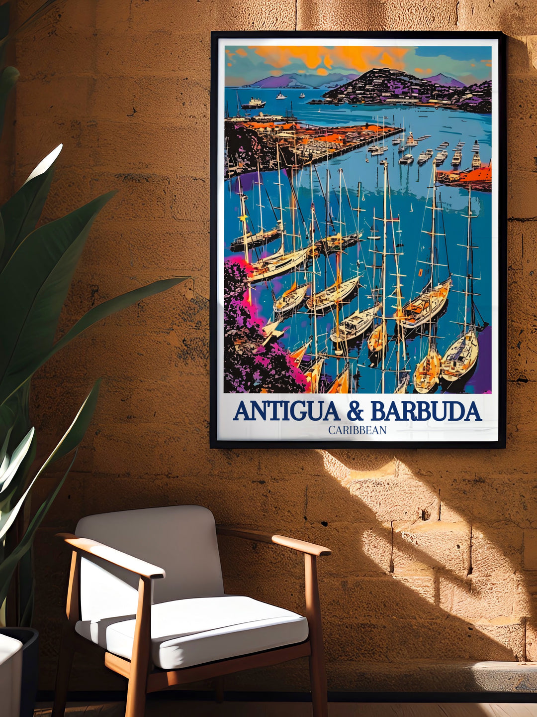 Antigua Travel Print highlighting the rich cultural heritage and stunning scenery of Antigua and Barbuda, including landmarks like English Harbour. This print offers a vibrant portrayal of the islands, perfect for enhancing your home decor with a touch of Caribbean elegance