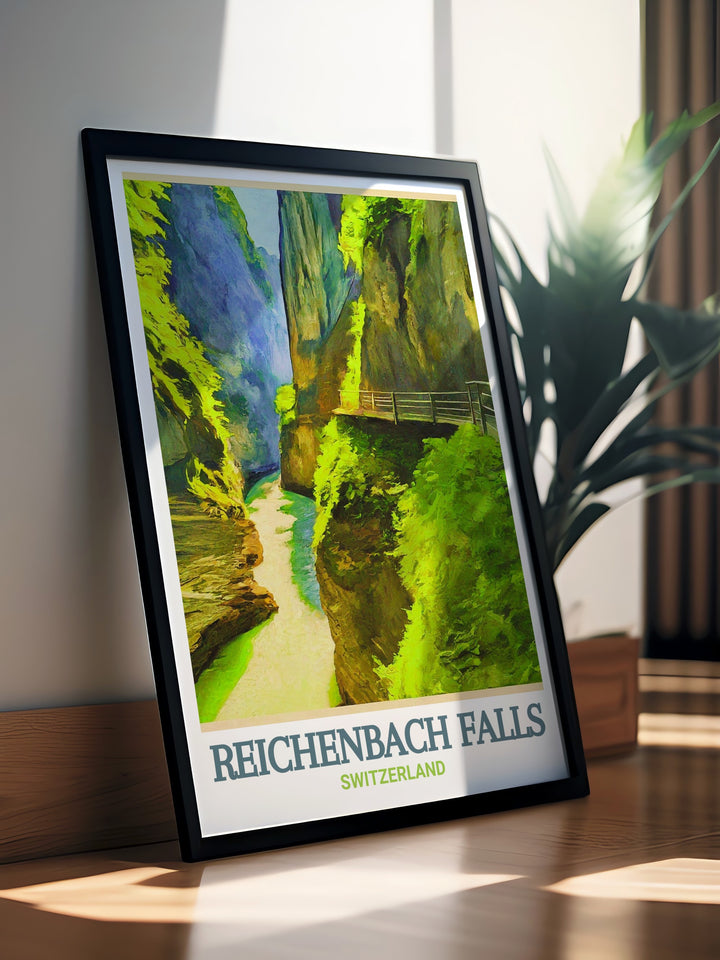 An elegant Reichenbach Falls and Aare Gorge art print, this piece celebrates the natural beauty of Switzerlands landscapes. The detailed travel poster showcases the towering gorge and the powerful waterfall, making it a perfect addition to any nature lovers wall decor.