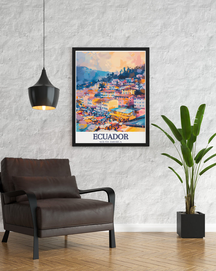 The Otavalo Market Framed Art and Quito Poster showcase Ecuadors diversity, from its bustling markets to historic streets. This artwork is perfect for travel enthusiasts, adding a splash of culture and tradition to any space, making it a thoughtful and unique gift.