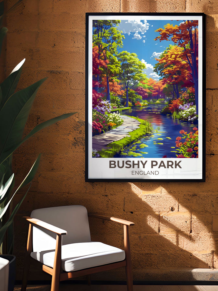 River Thames Print featuring Londons iconic river along with the serene Woodland Gardens perfect for a calming ambiance.