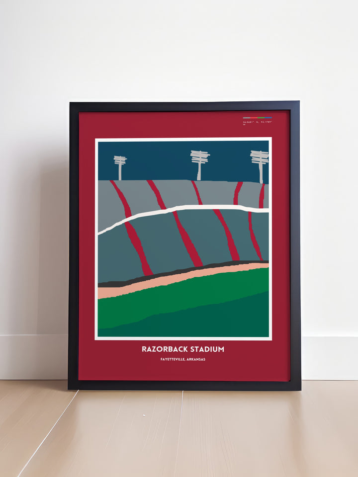 Dynamic Arkansas Razorbacks poster capturing the excitement of game day at Razorback Stadium ideal for adding vibrant decor to college dorms and home offices a thoughtful gift for Razorbacks fans