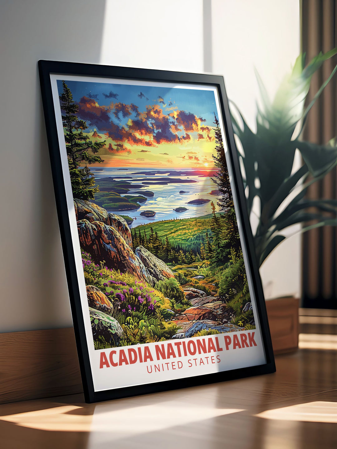 Stunning Acadia print with Cadillac Mountain artwork designed in a modern retro style. This national park print brings the rugged beauty of Acadia into your home with vibrant colors and eye catching artwork.