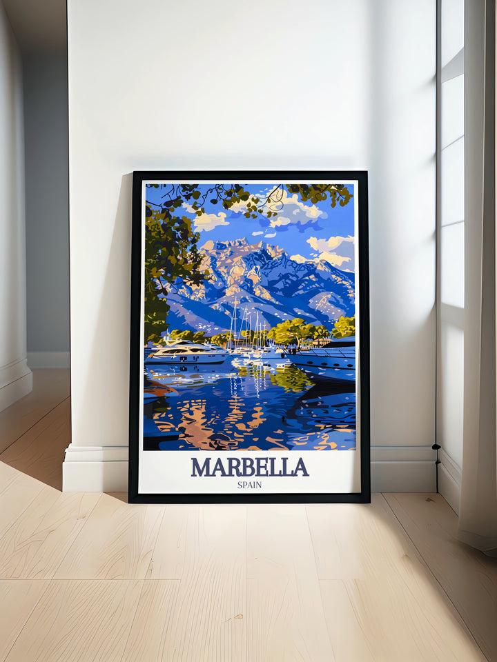 Marbella art print showcasing the vibrant Puerto Banus marina and the majestic La Concha mountain perfect for elegant home decor and capturing the essence of Mediterranean beauty