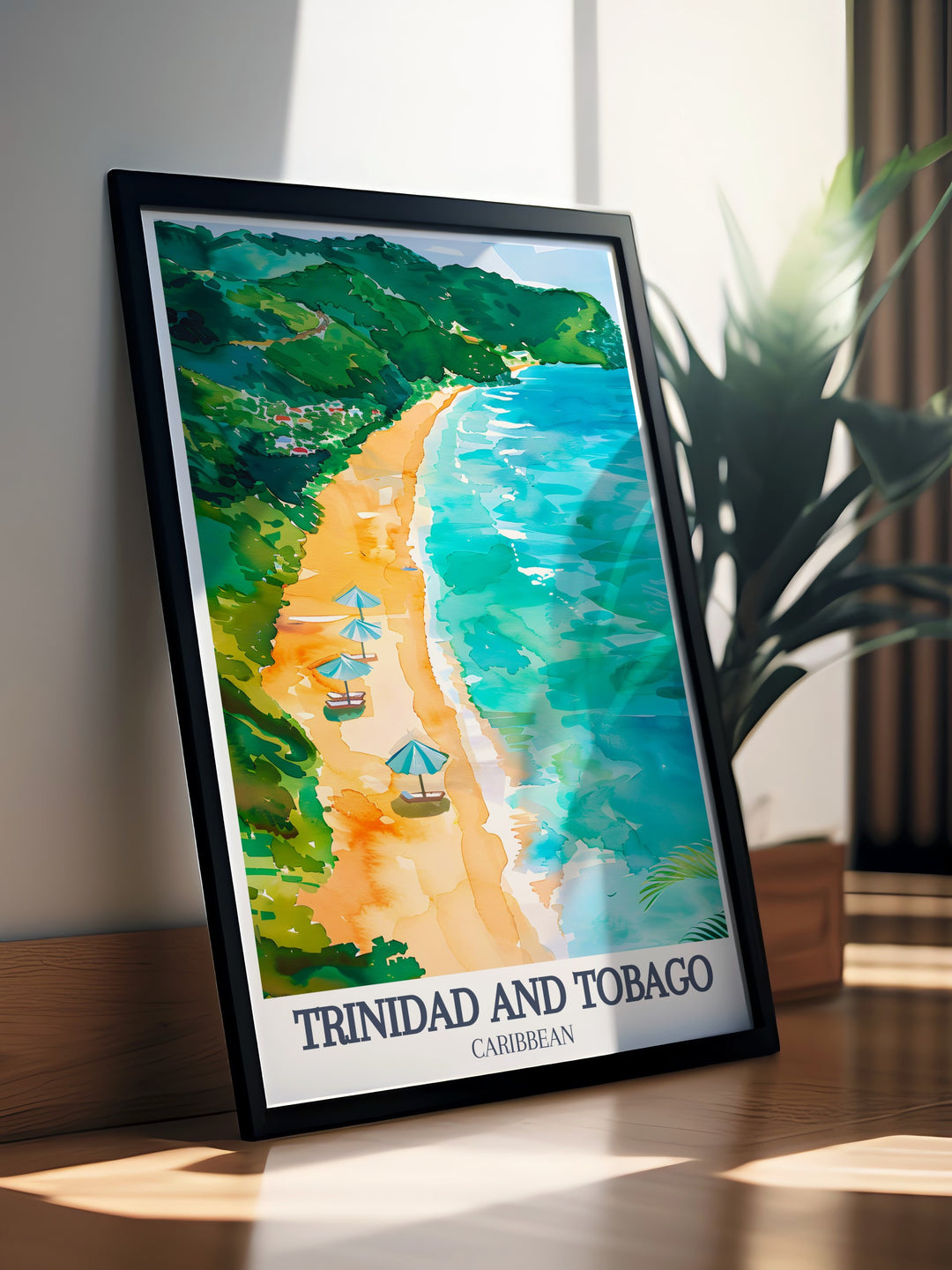 Maracas Bay beach in Trinidad and Tobago is elegantly depicted in this Caribbean travel poster, offering a perfect blend of natural beauty and island culture. Ideal for art lovers and travelers, this framed print brings the serene charm of the Caribbean to your space.