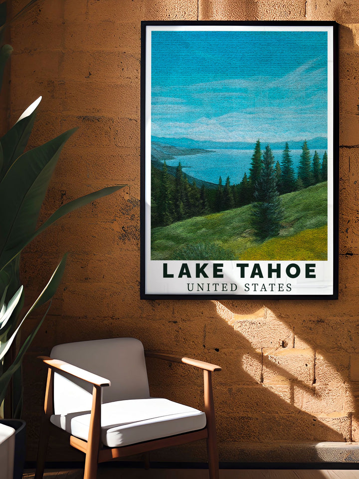 This digital download of Lake Tahoe Wall Art in Summer Blue captures the vibrant colors and intricate details of the lake ideal for home decor