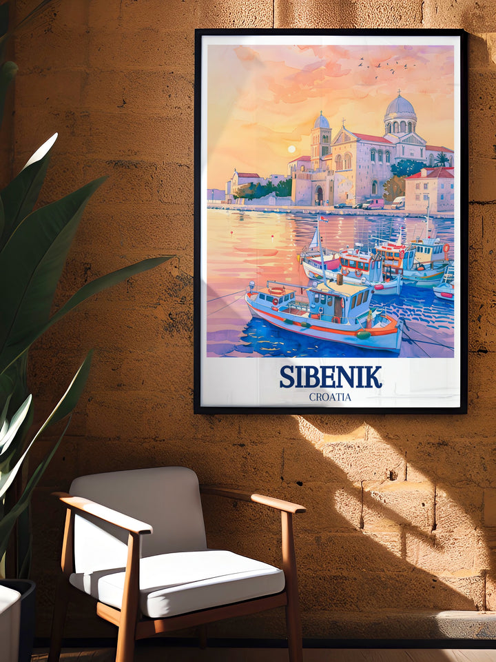 A travel print that combines the beauty of Sibeniks St. James Cathedral and the tranquil Sibenik harbor, perfect for those who cherish Croatias coastal towns. This detailed artwork brings the best of Sibeniks architecture and landscapes to your wall.