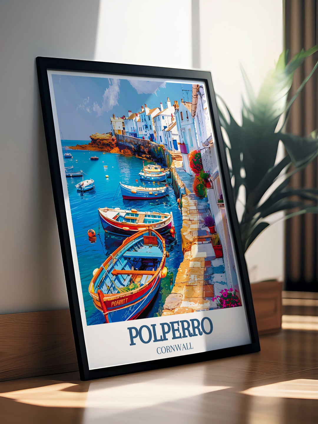 Polperro Cornwall vintage travel print bringing the nostalgic charm of a Cornwall holiday into your home decor