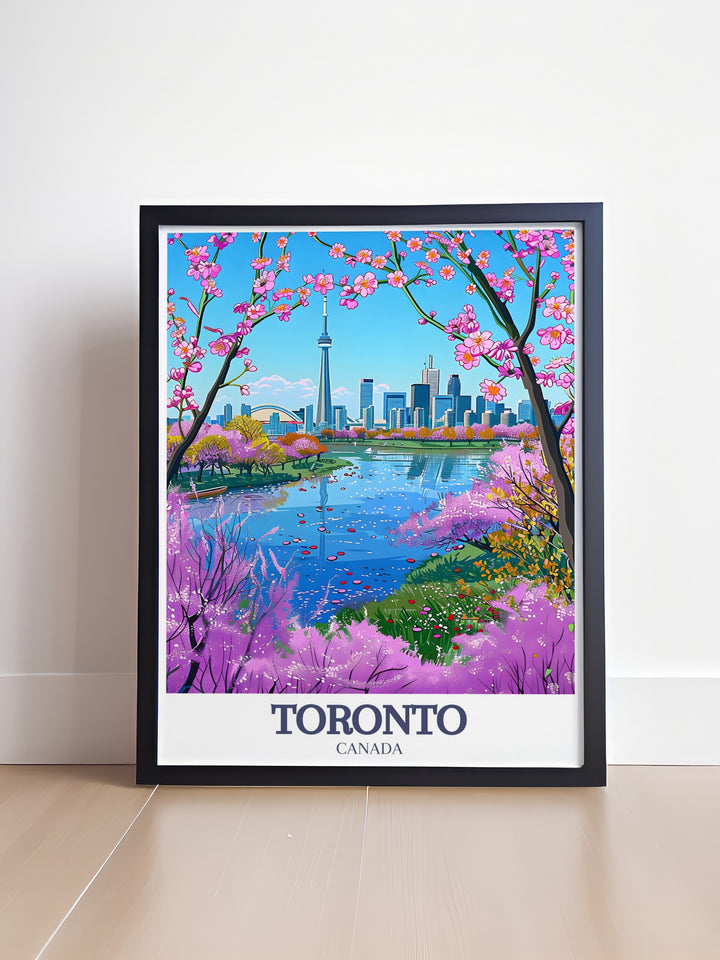 Our Toronto poster print highlights the stunning contrast between the CN Tower and the natural beauty of High Park. The framed artwork is perfect for those who appreciate both cityscapes and nature, bringing the best of Toronto into your décor.