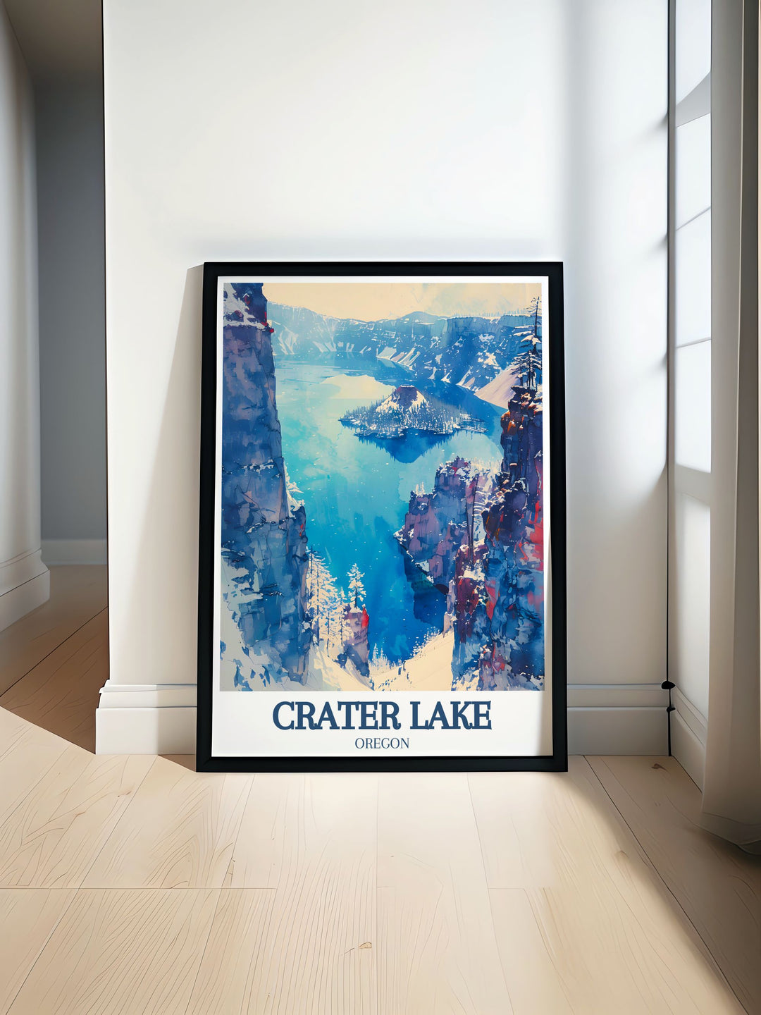 This poster artfully depicts the natural beauty of Crater Lake and the enchanting landscapes of Wizard Island, offering a perfect blend of Oregons landscapes and cultural landmarks for your decor.