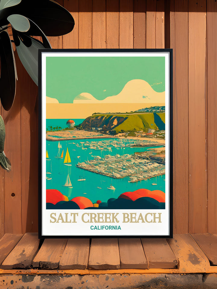 Celebrate the serene landscape of Salt Creek Beach and Dana Point Harbor with this vibrant print. The artwork captures the essence of Californias coast, offering a calming and visually stunning addition to your home decor.