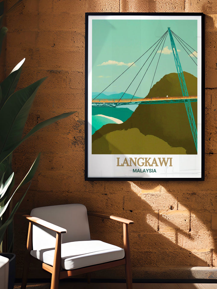 Beautiful travel print of Langkawi, Malaysia, capturing the unique perspective of the Langkawi Sky Bridge high above the tropical landscape. The bright colors and detailed design make this poster a perfect gift for travelers and nature lovers alike.