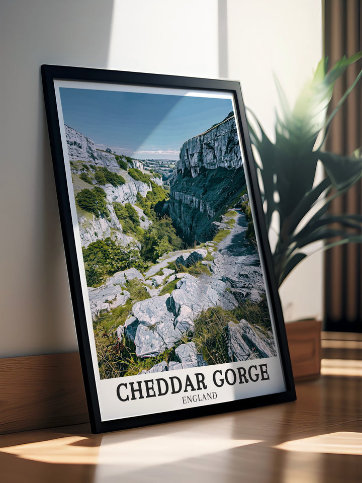 Mendip Hills travel poster featuring Cheddar Gorge, Wookey Hole Caves, and the flowing Cheddar Yeo, capturing the essence of the British countryside for anyone who loves nature inspired décor.