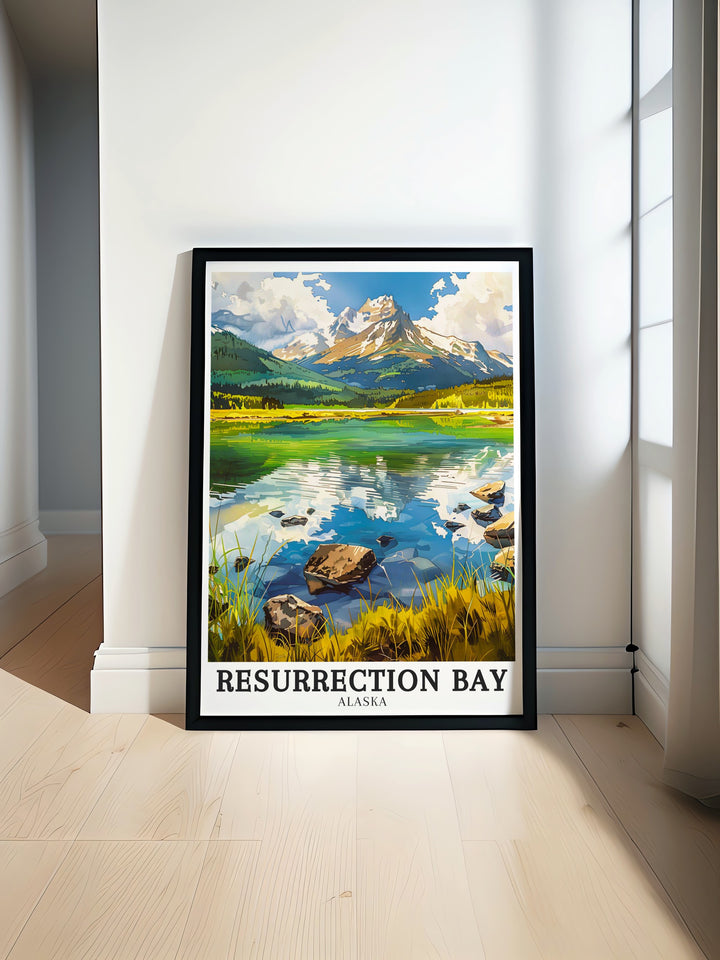 A stunning travel print of Resurrection Bay, Mount Edgecumbe, and Aialik Bay in Alaska. The poster beautifully captures the natural beauty of these iconic locations, making it a thoughtful gift or decor piece for any space.