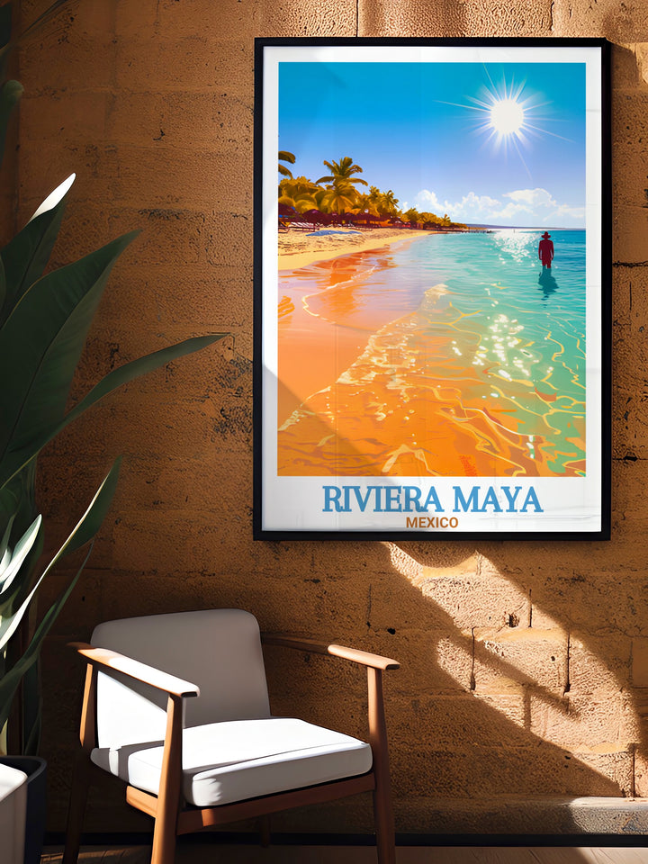 Stunning Akumal Beach framed print from Riviera Maya Mexico perfect for beach decor and tropical art lovers. This detailed artwork makes an ideal Mexico gift enhancing home living decor with vibrant illustrations of Akumal Beachs serene and inviting atmosphere.