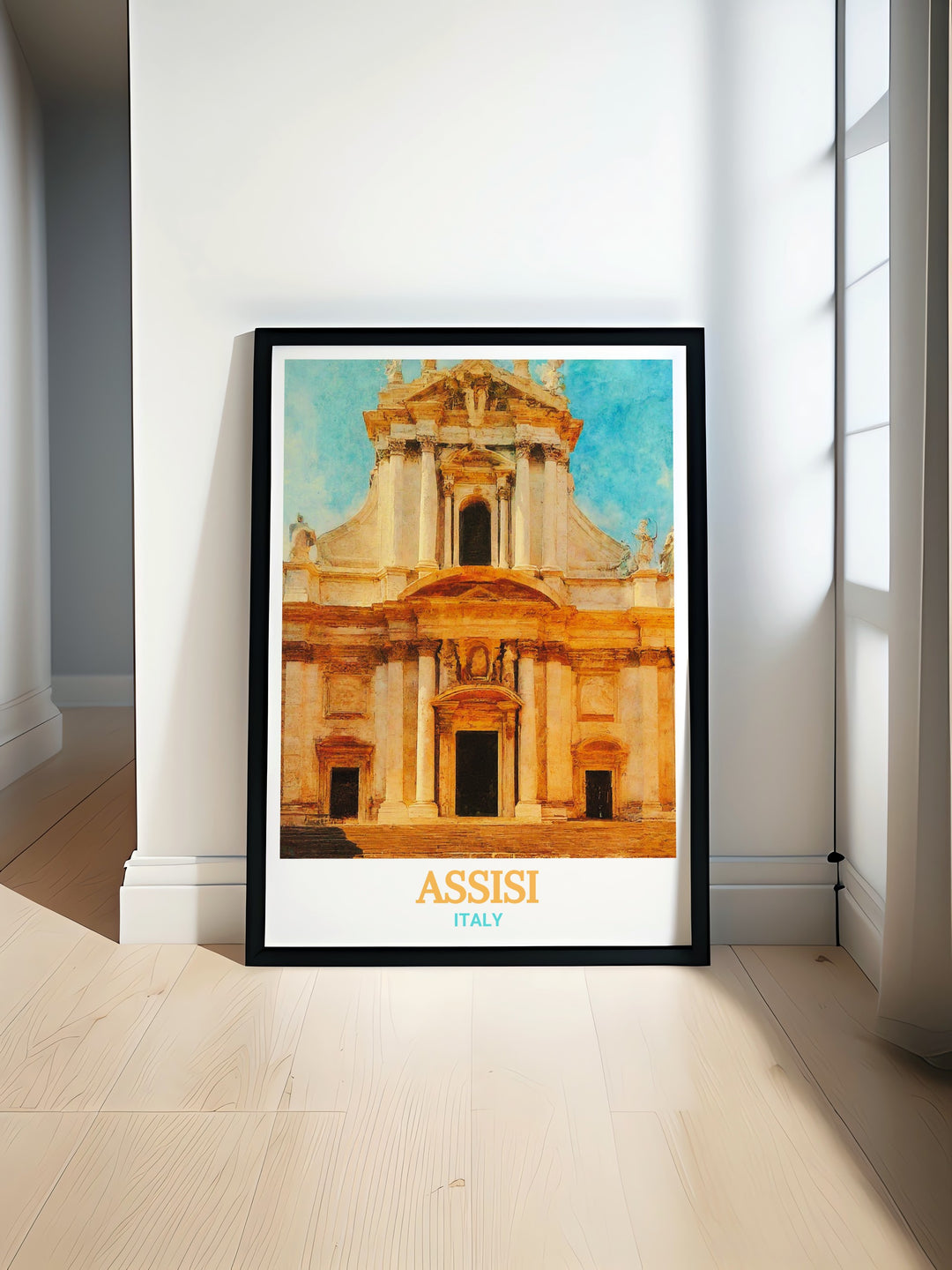 Beautiful Assisi travel gift featuring a detailed print of the Basilica of Saint Francis of Assisi. This Italy wall art captures the majestic architecture and spiritual depth of Assisi, perfect for decorating your home with a touch of Italian heritage