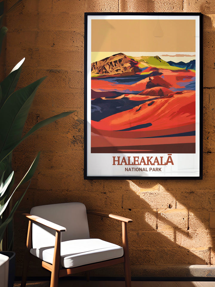 Travel poster of Haleakalā Crater in Haleakalā National Park featuring beautiful illustrations of the crater and its surroundings. This print captures the essence of this magnificent landmark, making it a great addition to any nature inspired decor.