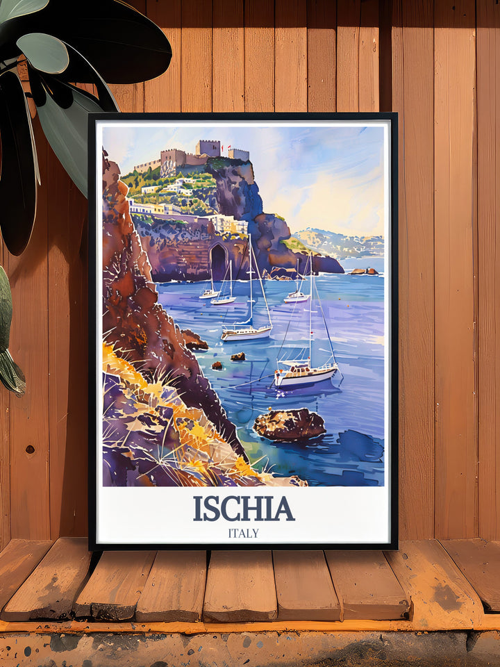 Featuring Ischias Aragonese Castle and Maronti Beach, this travel poster offers a unique blend of history and coastal beauty. Perfect for creating a serene atmosphere at home or as a special gift, this art piece highlights the charm of one of Italys favorite islands.