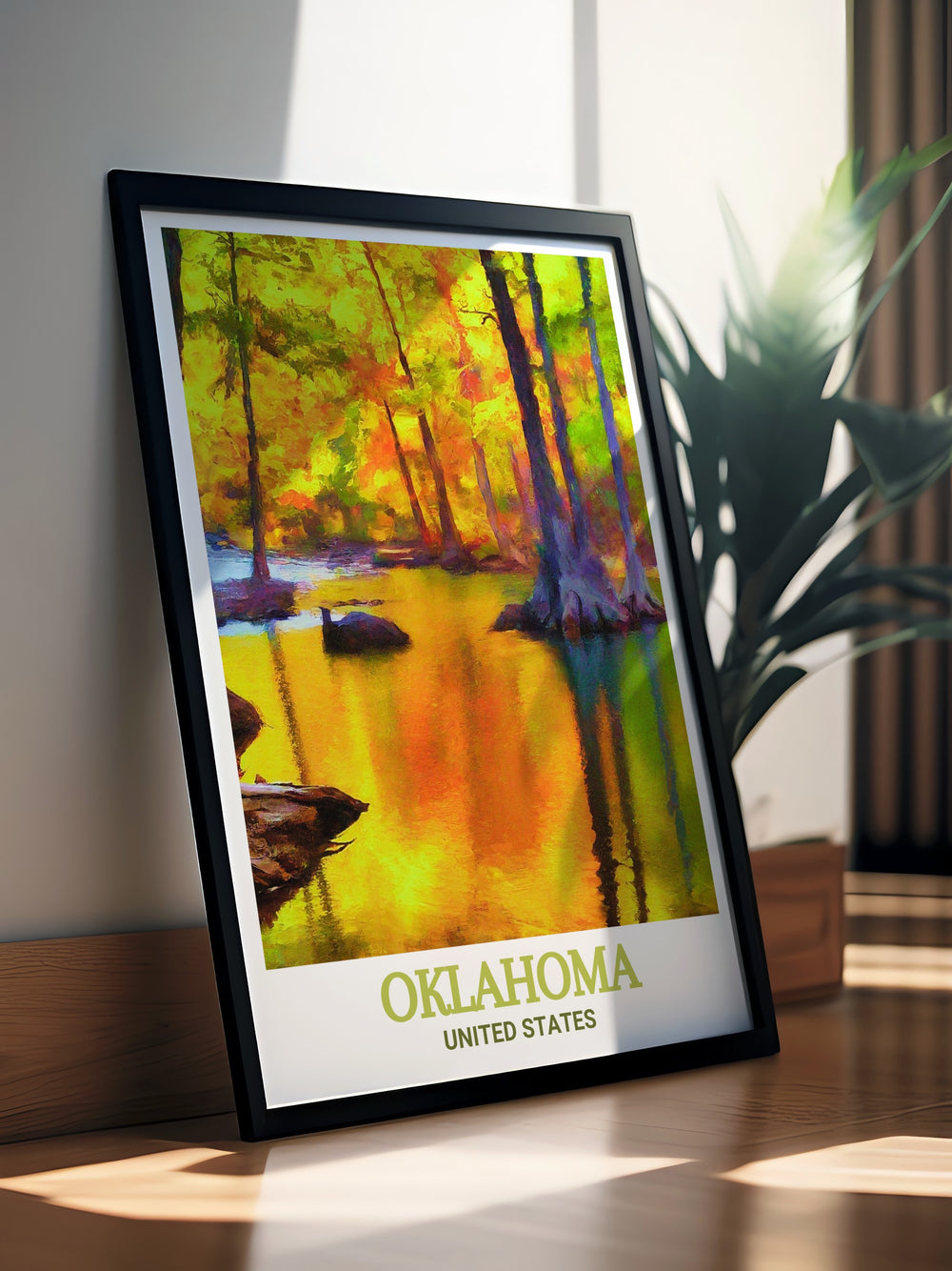 Modern Oklahoma art print featuring a stunning Oklahoma street map and the serene landscapes of Beavers Bend State Park. A perfect decor choice for living rooms or as a thoughtful gift for anniversaries birthdays or Christmas.